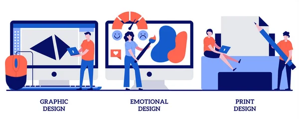 Grafik Und Druckdesign Emotionales Engagementkonzept Mit Kleinen Leuten Designdienstleistungen Vektor — Stockvektor