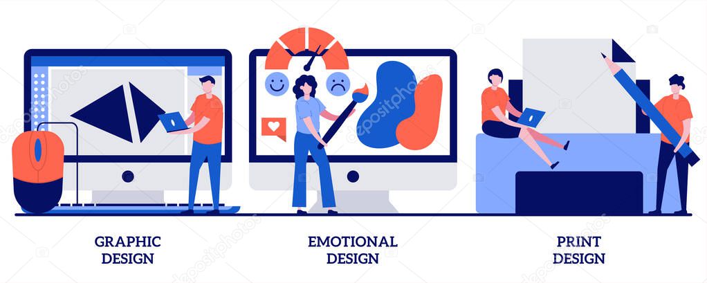 Graphic and print design, emotional engagement concept with tiny people. Design services vector illustration set. Landing web page, freelance illustrator, user experience, business card metaphor.