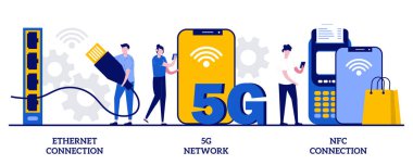 Ethernet bağlantısı, 5G ağı, küçük insanlarla NFC bağlantısı konsepti. Modern internet teknolojileri vektör illüstrasyon seti. Kablosuz ağ erişimi, bağlantısız ödemeler, bir sürü sistem metaforu.