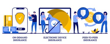 Talep sigortası, elektronik cihaz sigortası, ufak tefek insanlarla eş zamanlı sigorta konsepti. Hizmet sıralaması, mali koruma, soyut vektör illüstrasyonunun paylaşılması riski.