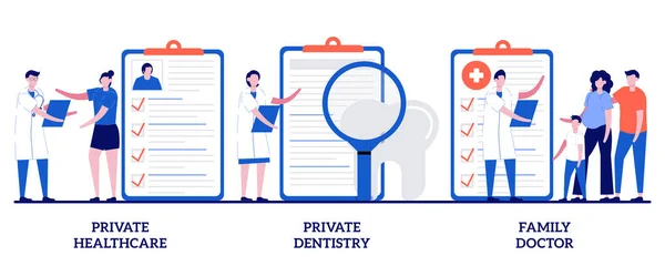 Saúde Privada Odontologia Conceito Médico Família Com Pessoas Minúsculas Conjunto —  Vetores de Stock