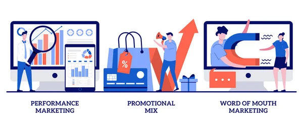 Výkonnostní Reklamní Kampaň Propagační Mix Koncept Ústní Marketingu Malými Lidmi — Stockový vektor