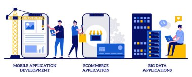 Mobil uygulama geliştirme, ekommerce uygulaması, küçük insanlarla ilgili büyük veri kavramı. Ticari yazılım vektör çizimi. Yönetim yazılımı, UI ve UX tasarımı, veritabanı mühendisliği metaforu.