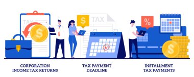 Corporation income tax returns, tax payment deadline, instalment tax payments concept with tiny people. Tax payment conditions abstract vector illustration set. Deductible revenue metaphor. clipart