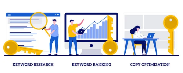 Anahtar kelime araştırması, anahtar kelime sıralaması, minicik insanlarla optimizasyon konseptini kopyalamak. Arama motoru optimizasyon hizmeti soyut vektör illüstrasyon seti. SEO analizleri, pazarlama sektörü metaforu.