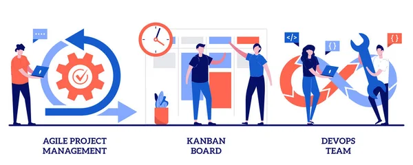 Çevik proje yönetimi, Kanban yönetim kurulu, küçük insanlarla ilgili operasyon ekibi konsepti. Yazılım geliştirme şirketi vektör çizim seti. Scrum toplantısı, proje yaşam döngüsü, hissedar, test metaforu.