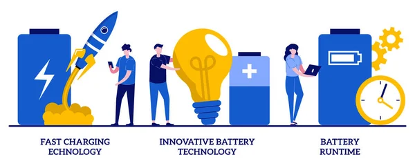 Snelle Laadtechnologie Innovatieve Batterijtechnologie Batterijduur Concept Met Kleine Mensen Accumulator — Stockvector