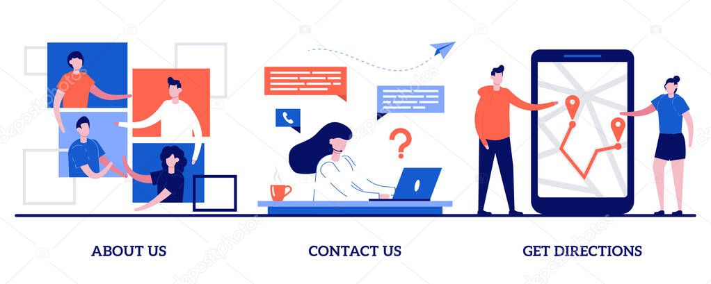 About us, contact us, get directions concept with tiny people. Company information vector illustration set. Website menu, starting web page, business profile, office information, navigation metaphor.