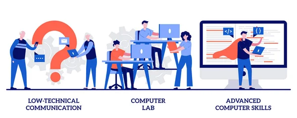 Lågteknologisk Kommunikation Datorlabb Avancerade Färdighetskoncept Med Små Människor Datorfärdigheter Krav — Stock vektor