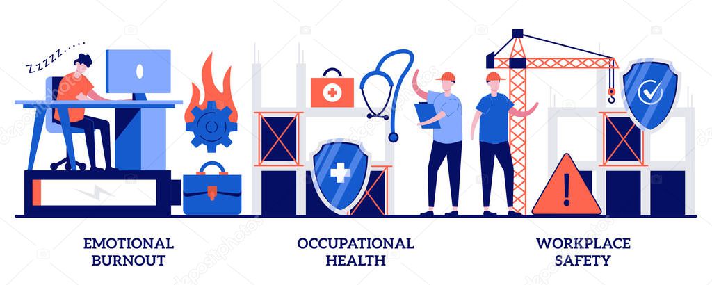 Emotional burnout, occupational health, workplace safety concept with tiny people. Employee health vector illustration set. Overload, injury prevention, labor condition, working environment metaphor.