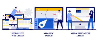 Tepkili web tasarımı, grafik tasarımı, küçük insanlarla web uygulama tasarımı konsepti. Uyumlu programlama soyut vektör illüstrasyon seti. Çoklu aygıt geliştirme, yazılım mühendisliği metaforu.
