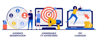 Seyirci segmentasyonu, adreslenebilir TV reklamları, küçük insanlarla yapılan PPC kampanya konsepti. Hedef promosyon, SEO, dijital pazarlama vektör çizimi. Geotargeting, CPC reklam mecazı.
