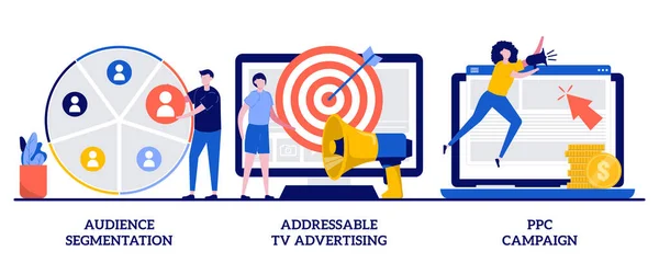 Seyirci segmentasyonu, adreslenebilir TV reklamları, küçük insanlarla yapılan PPC kampanya konsepti. Hedef promosyon, SEO, dijital pazarlama vektör çizimi. Geotargeting, CPC reklam mecazı.