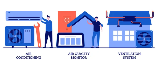 Klima Hava Kalitesi Monitörü Küçük Insanlarla Havalandırma Sistemi Konsepti Kapalı — Stok Vektör
