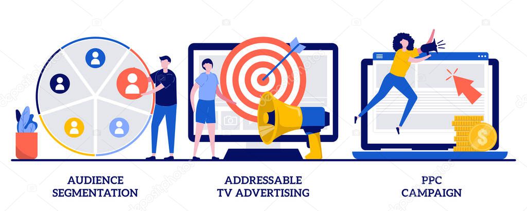 Audience segmentation, addressable tv advertising, ppc campaign concept with tiny people. Targeted promotion, SEO, digital marketing vector illustration set. Geotargeting, CPC advertisement metaphor.