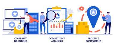 Company branding, competitive analysis, product positioning concept with tiny people. Brand building agency abstract vector illustration set. Product release, advertising campaign strategy metaphor.