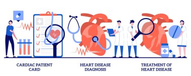 Cardiac patient card, heart disease diagnosis and treatment concept with tiny people. Heart attack abstract vector illustration set. Blood test, hospital care, heartbeat rate and chest pain metaphor.
