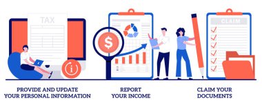 Provide and update your personal information, report your income, claim documents concept with tiny people. Tax filing vector illustration set. Tax credits and expenses, financial report metaphor.