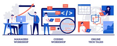 Managers workshop, coding workshop, online tech talks concept with tiny people. IT digital education abstract vector illustration set. Programming course, app and games development class metaphor.