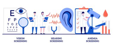 Vision, hearing and anemia screening concept with tiny people. Pediatric checkup abstract vector illustration set. Vision test, ear problem, iron deficiency lab test, disability diagnosis metaphor.