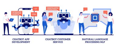 Chatbot app development, customer service and natural language processing concept with tiny people. AI programming vector illustration set. Client support, web chat, machine learning metaphor.