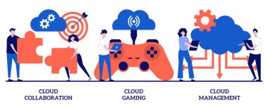 Cloud collaboration, gaming and management concept with tiny people. Cloud service abstract vector illustration set. Data storage, video and file streaming, remote business metaphor.