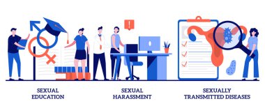 Sex education, sexual harassment and sexually transmitted diseases concept with tiny people. Sexual behavior vector illustration set. Abuse and assault, insecure contact, labor relationship metaphor.