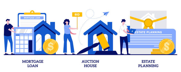 Mortgage loan, auction house, estate planning concept with tiny people. Residential and commercial property vector illustration set. Real estate services, down payment, attorney advise metaphor.
