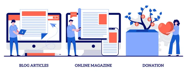 Blog articles, online magazine, donation concept with tiny people. Website tabs abstract vector illustration set. Crowdfunding, latest news, web page design, company online landing page metaphor.