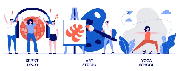 Silent disco, art studio, yoga school concept with tiny people. Modern recreation abstract vector illustration set. Active leisure, nightclub party, healthy lifestyle metaphor.