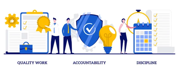 Quality work, accountability, discipline concept with tiny people. Task and project management abstract vector illustration set. Leadership, career goals and perspectives metaphor.