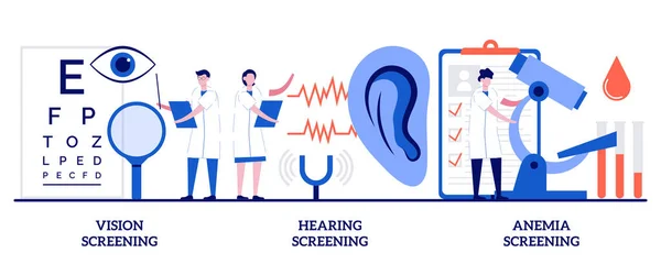 Vision, hearing and anemia screening concept with tiny people. Pediatric checkup abstract vector illustration set. Vision test, ear problem, iron deficiency lab test, disability diagnosis metaphor.