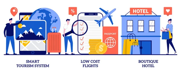 Smart Tourism System Low Cost Flights Boutique Hotel Concept Tiny — Vector de stock
