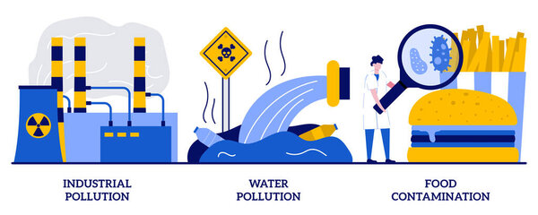 промышленное и водное отравление загрязнением, концепция загрязнения пищевых продуктов крошечными людьми. Набор векторных иллюстраций загрязнения земли. сброс опасных отходов, химическое загрязнение, метафора безопасности пищевых продуктов.
