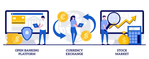 Open Banking Platform Currency Exchange Stock Market Concept Tiny People - Stok Vektor