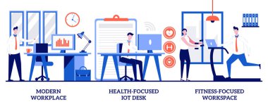 Modern işyeri, sağlık odaklı IOT masaları, minicik insanlarla fitness odaklı yaşam tarzı konsepti. Modern ofis vektör çizimi. Çalışanların mutluluğu ve refahı, aktivite izleme metaforu..