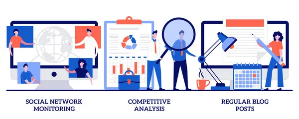 Monitoreo Redes Sociales Análisis Competitivo Concepto Regular Posts Blog Con — Archivo Imágenes Vectoriales