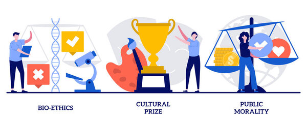 Биоэтика, культурная премия, концепция общественной морали с крошечными людьми. Проблемы человека и природы абстрактный векторный набор иллюстраций. Метафора "Философия и наука о жизни", этические и медицинские вопросы.