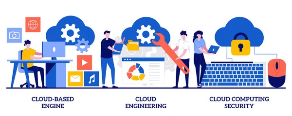 Motor Basado Nube Ingeniería Nube Concepto Seguridad Informática Con Gente — Vector de stock