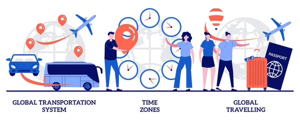 Globalt Transportsystem Tidszon Globalt Resekoncept Med Små Människor Internationell Samordning — Stock vektor