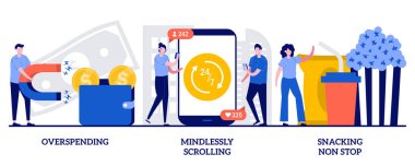 Aşırı harcama, akılsızca kayma, durmadan küçük insanlarla atıştırma. Kötü gider yönetimi soyut vektör çizimi seti. Sosyal medya bağımlılığı, sağlıksız beslenme mecazı.