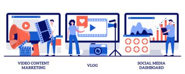 Video içeriği pazarlama, vlog, küçük insanlarla sosyal medya konsepti. Çevrimiçi dijital kampanya soyut vektör çizimi seti. Dijital reklam işi, çevrimiçi yayın metaforu.