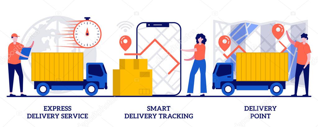 Express delivering, online smart tracking, courier, order delivery point concept with tiny people. Parcel shipment services vector illustration set. Cargo truck location, courier with box metaphor.