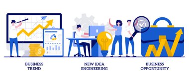 İş trendi, tasarım düşüncesi, küçük insanlarla iş fırsatı konsepti. Profesyonel pazarlama araştırması, takım işbirliği, çözümler soyut vektör illüstrasyonunu arama kümesi.