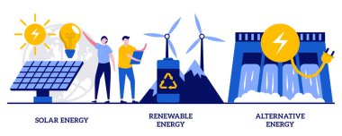 Güneş enerjisi, yenilenebilir enerji, küçük insanlarla alternatif enerji konsepti. Çevre dostu yenilikler, sürdürülebilir teknoloji, güneş panelleri ve rüzgar türbinleri soyut vektör çizimi kullanırlar.