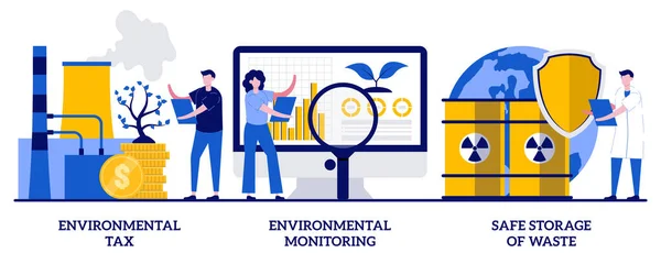 Milieubelasting Milieumonitoring Veilige Opslag Van Afval Concept Met Kleine Mensen — Stockvector