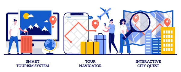 Smart Turism Rundtur Navigatör Interaktiv Stad Quest Koncept Med Små — Stock vektor