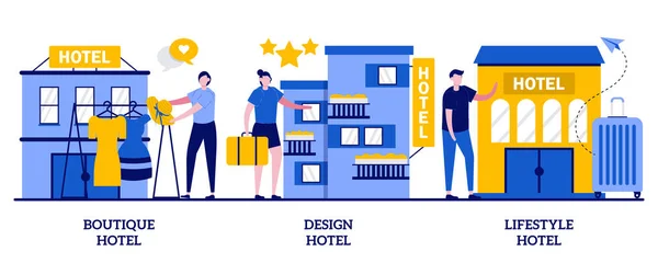 Boutique Hôtel Design Concept Motel Lifestyle Avec Des Personnes Minuscules — Image vectorielle