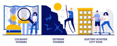 Mutfak turizmi, aşırı turizm, küçük insanlarla elektrikli scooter şehir turu konsepti. Macera turistik aktiviteleri, dinlenme, genişleme ufku soyut vektör illüstrasyonu ayarlandı.