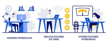 Modern işyeri, sağlık odaklı IOT masası, minicik insanlarla fitness odaklı çalışma alanı konsepti. Profesyonel çalışma alanı soyut vektör çizimi seti. Akıllı kişisel alan, çalışan bakım metaforu.